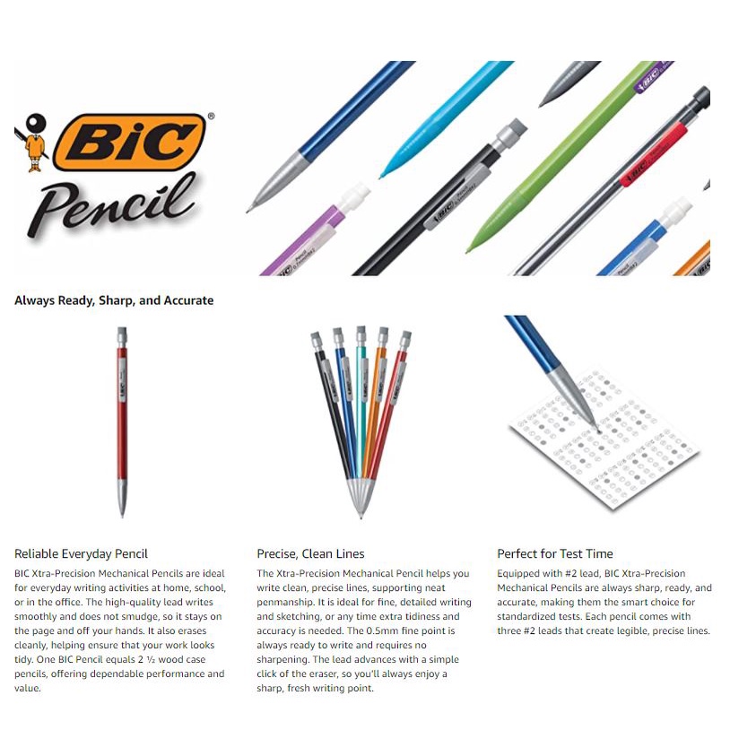 Bút chì bấm BIC Xtra-Precision Mechanical Pencil, Metallic Barrels, Fine Point