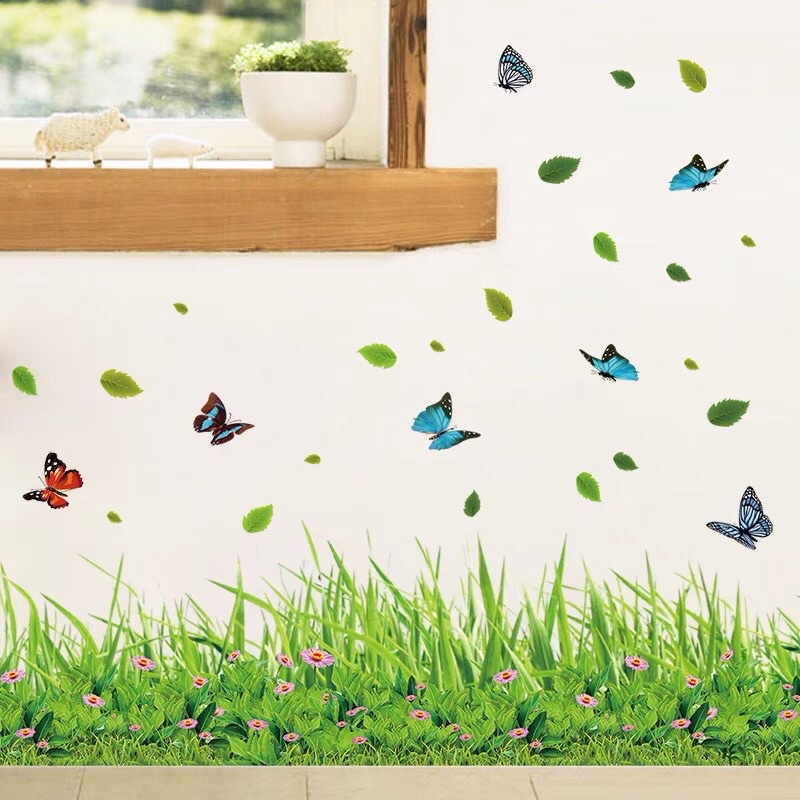 Tranh Decal dán tường chân cỏ xanh, sẵn keo dán.