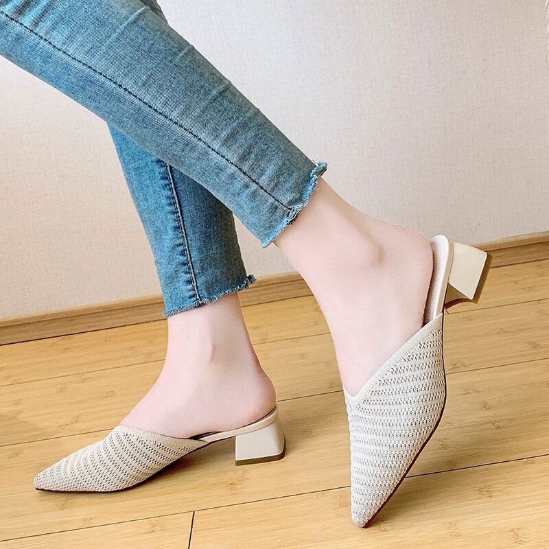 Xăng đan IELGY gót thấp mũi nhọn màu trơn chống trượt thời trang cho nữ