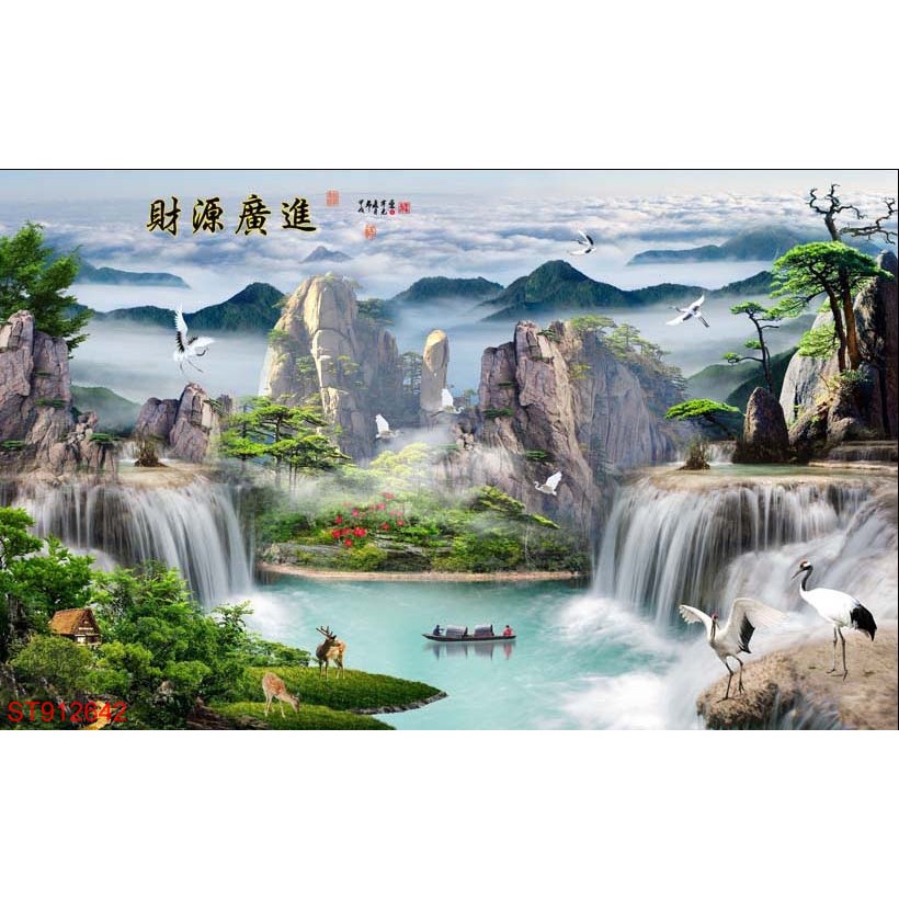 Tranh dán tường 3D thác nước sơn thủy