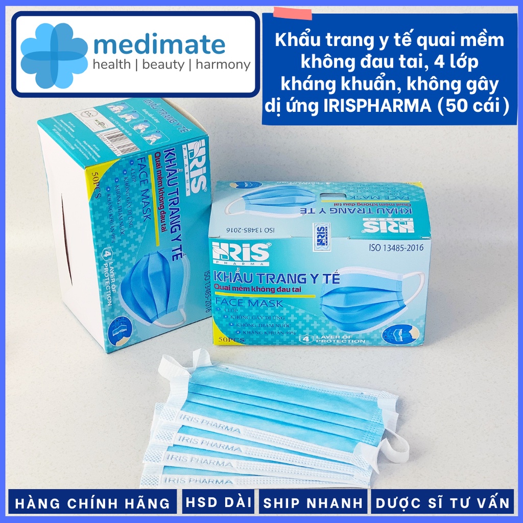 Khẩu trang y tế 4 lớp quai mềm không đau tai IRIS PHARMA (hộp 50 cái)