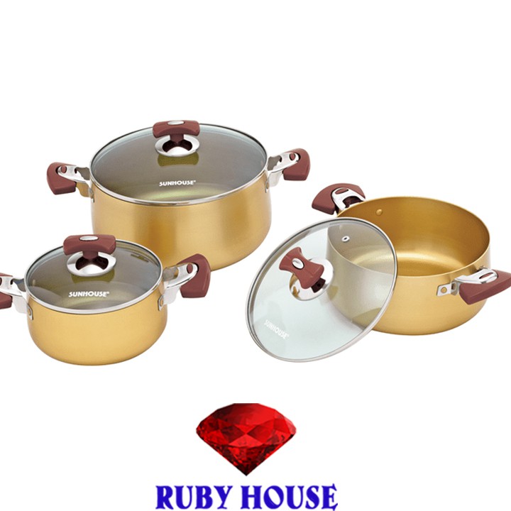 [CHÍNH HÃNG] Bộ nồi Sunhouse màu vàng mã 6634( 3 chiếc) SIÊU DÀY-Ruby House