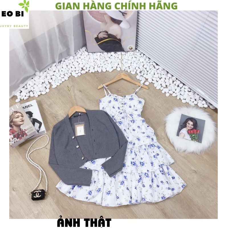 Váy voan hoa 2 dây xòe bồng tặng kèm áo choàng ngoài xám đậm kiểu dáng hàn quốc ulzzang tiểu thư dễ thương