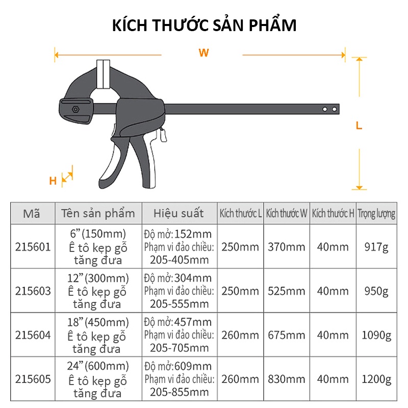 Cảo chữ G TACTIX 215605, ê tô kẹp gỗ tăng đưa, cảo kẹp nhanh công nghiệp nhiều kích cỡ, lực kẹp lớn