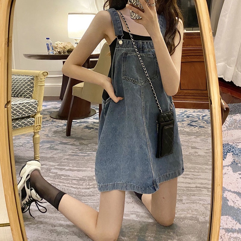Đầm Yếm denim Dáng Rộng Lưng Cao Phong Cách Hàn Quốc Thời Trang Cho Nữ