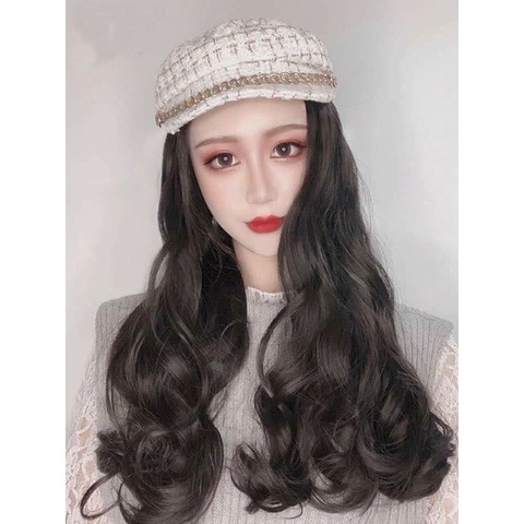 Bộ tóc giả dài uốn gơn sóng phối mũ lưỡi trai thời trang thu đông cho nữ
