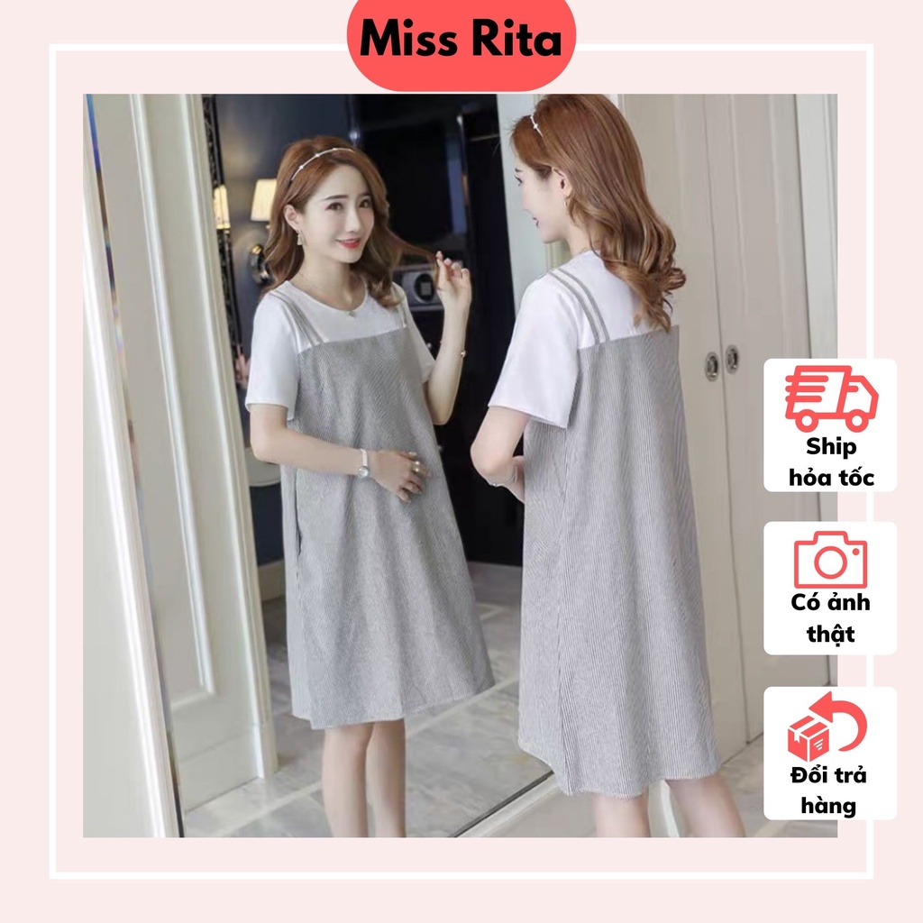 Đầm bầu mùa hè dáng suông dạng giả yếm kẻ sọc xinh xắn thiết kế bởi Đầm Bầu Nhung Huấn