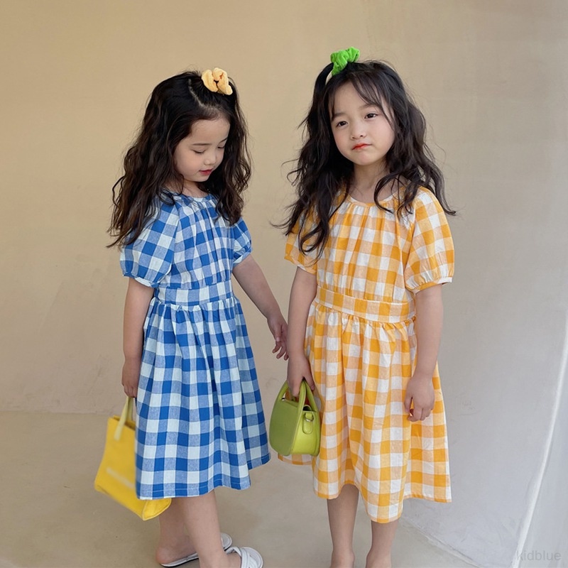 Đầm Công Chúa Tay Phồng Cổ Tròn Họa Tiết Sọc Caro Phong Cách Phương Tây Dễ Thương Thời Trang Mùa Hè Cho Bé Gái