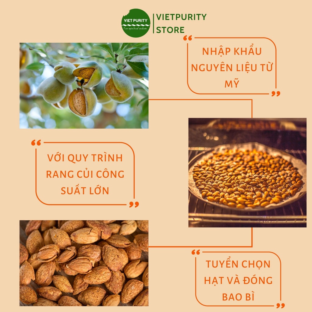 Hạt hạnh nhân Vietpurity rang bơ vỏ mỏng, hạt dinh dưỡng cho người ăn vặt ăn kiêng eatclean healthy food hộp 500g