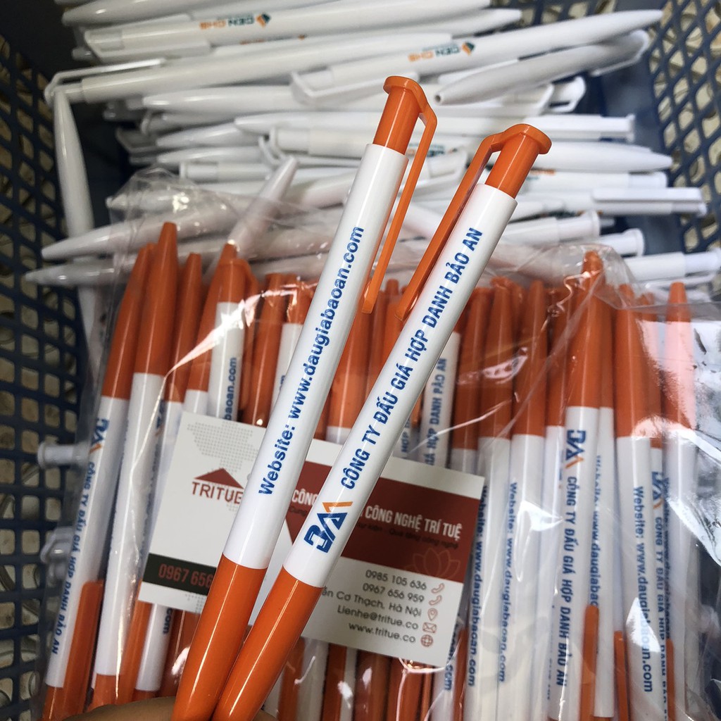 Bút bi nhận in logo công ty theo yêu cầu, xưởng in bút bi giá rẻ nhất Hà Nội, bút bi Thiên Long in logo công ty BẢo An