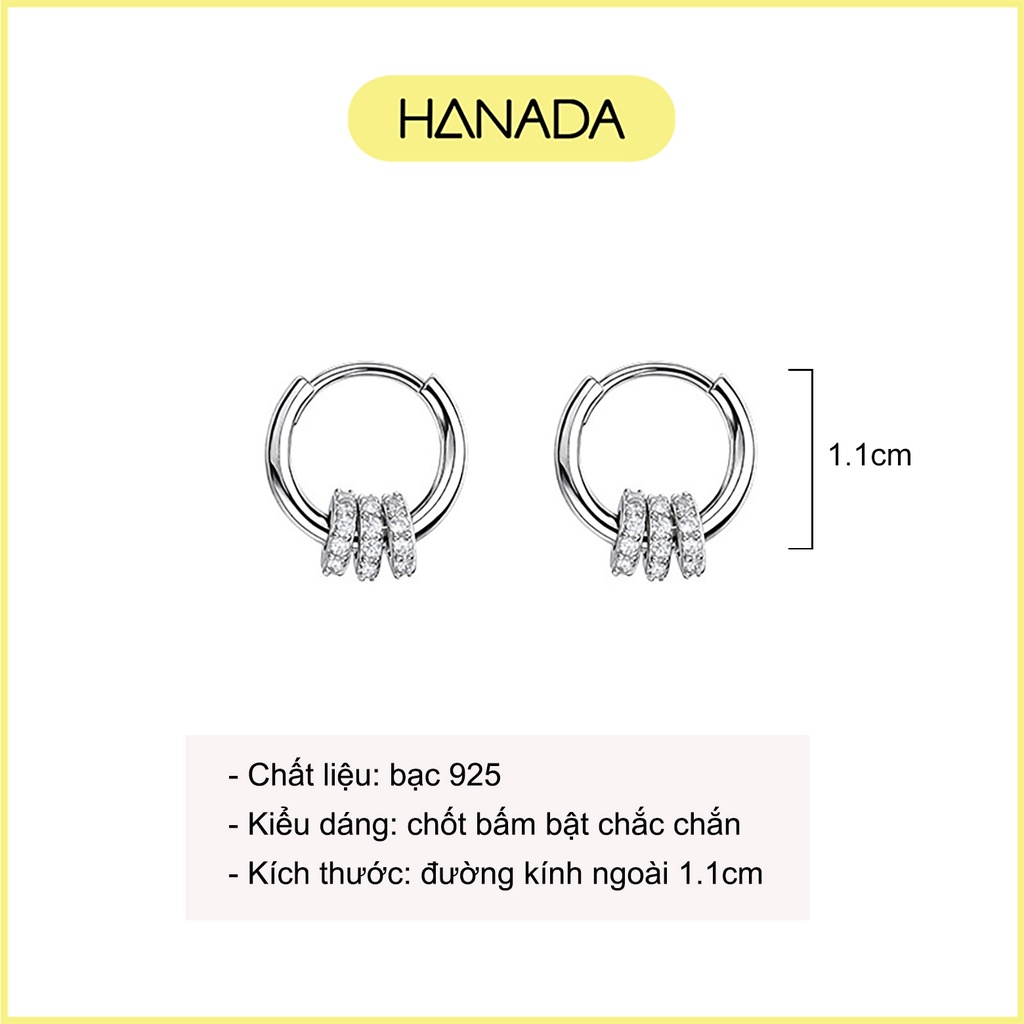 Bông Tai Bạc 925 Hanada Khoen Tròn 3 Đá 0622