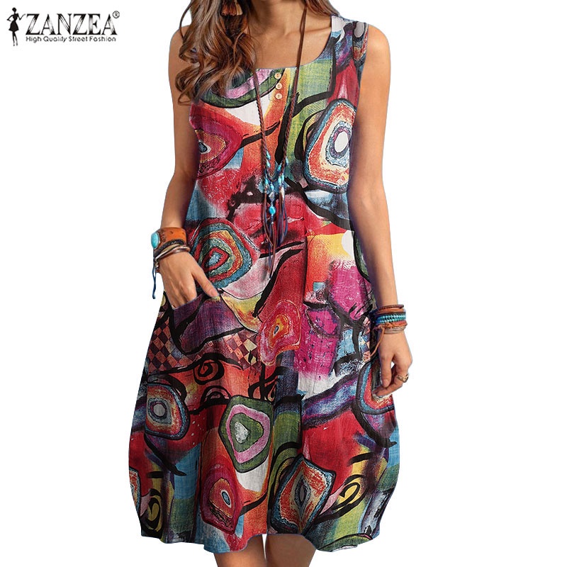 Zanzea Đầm không tay Họa Tiết Hoa Vintage Thời Trang Quyến Rũ