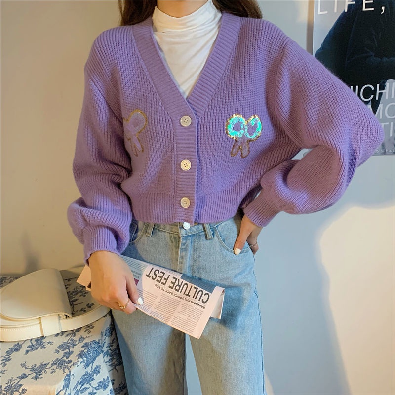 Áo Sweater Tay Dài Dáng Suông Ngắn Màu Tím Dễ Phối Đồ Thời Trang Phong Cách Hàn Quốc