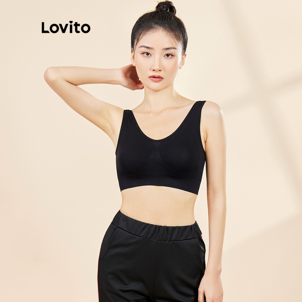 Áo ngực thể thao Lovito mặt trước dây chun không đường may màu trơn L15X171 (Màu đen)