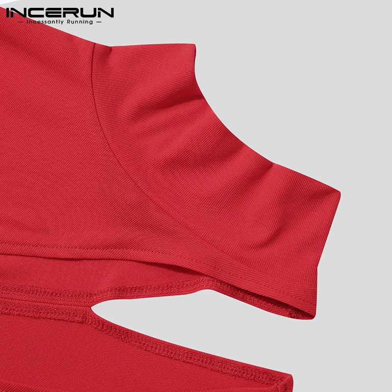 Áo INCERUN tay dài họa tiết khoét rỗng co giãn màu trơn thời trang thường ngày cho nam