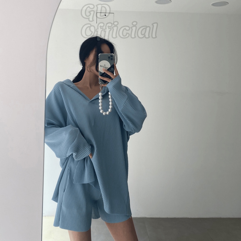 N7|Set bộ thể thao mặc nhà áo hoodie dài tay, quần short dáng rộng cá tính màu xanh, trắng GD Official