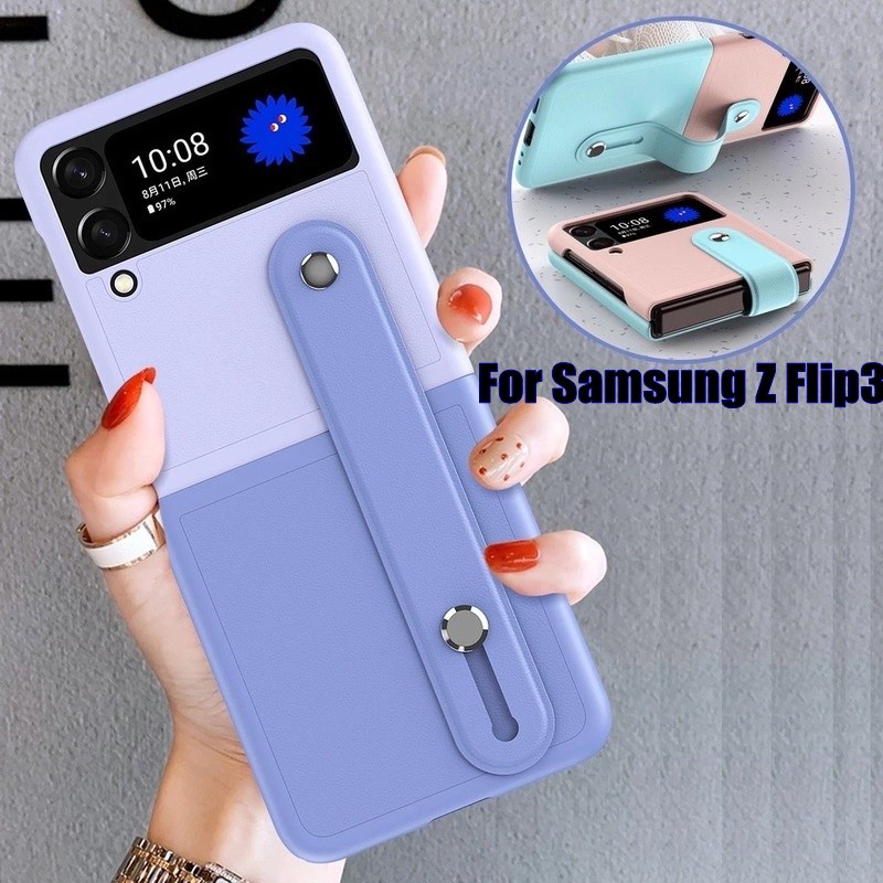 Bao Da Điện Thoại PU Bảo Vệ Toàn Diện Chống Rơi Có Giá Đỡ Và Dây Đeo Cho Samsung z Flip3