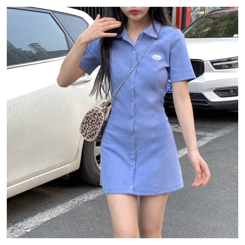 Đầm tay ngắn cổ bẻ phong cách Hàn Quốc thời trang trẻ trung năng động cho nữ