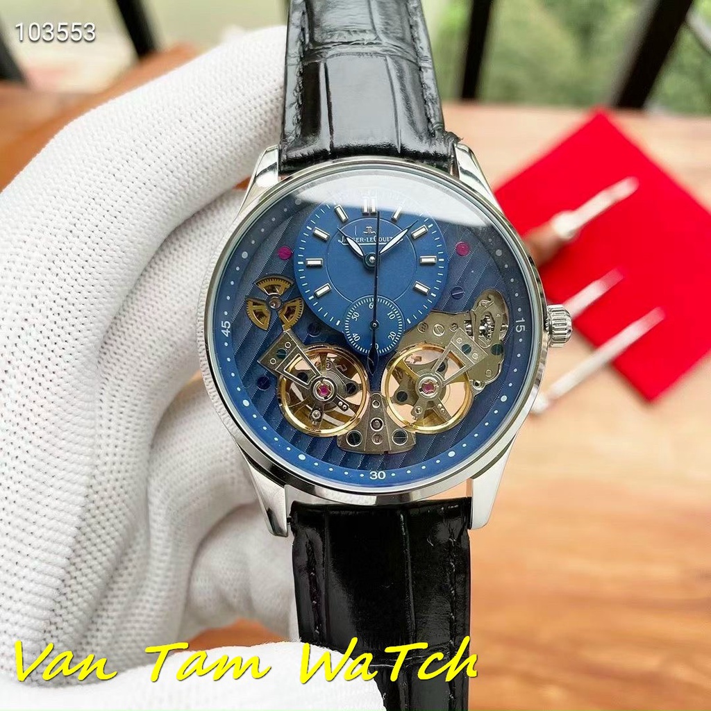 Đồng hồ nam Jeager lecoultre 42mm máy cơ Thuỵ Sĩ, mẫu mặt tròn lộ cơ 2 máy, khung thép không gỉ , dây da