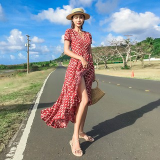 Đầm maxi ngắn tay in họa tiết phong cách bohemian xẻ tà thanh lịch dành cho nữ