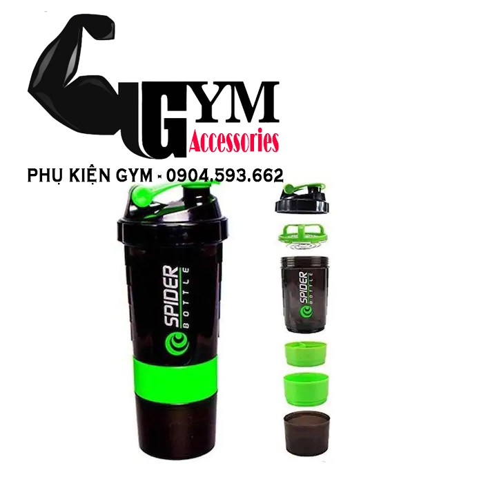 Bình lắc 3 ngăn bình tập gym Spider Bottle màu xanh lá