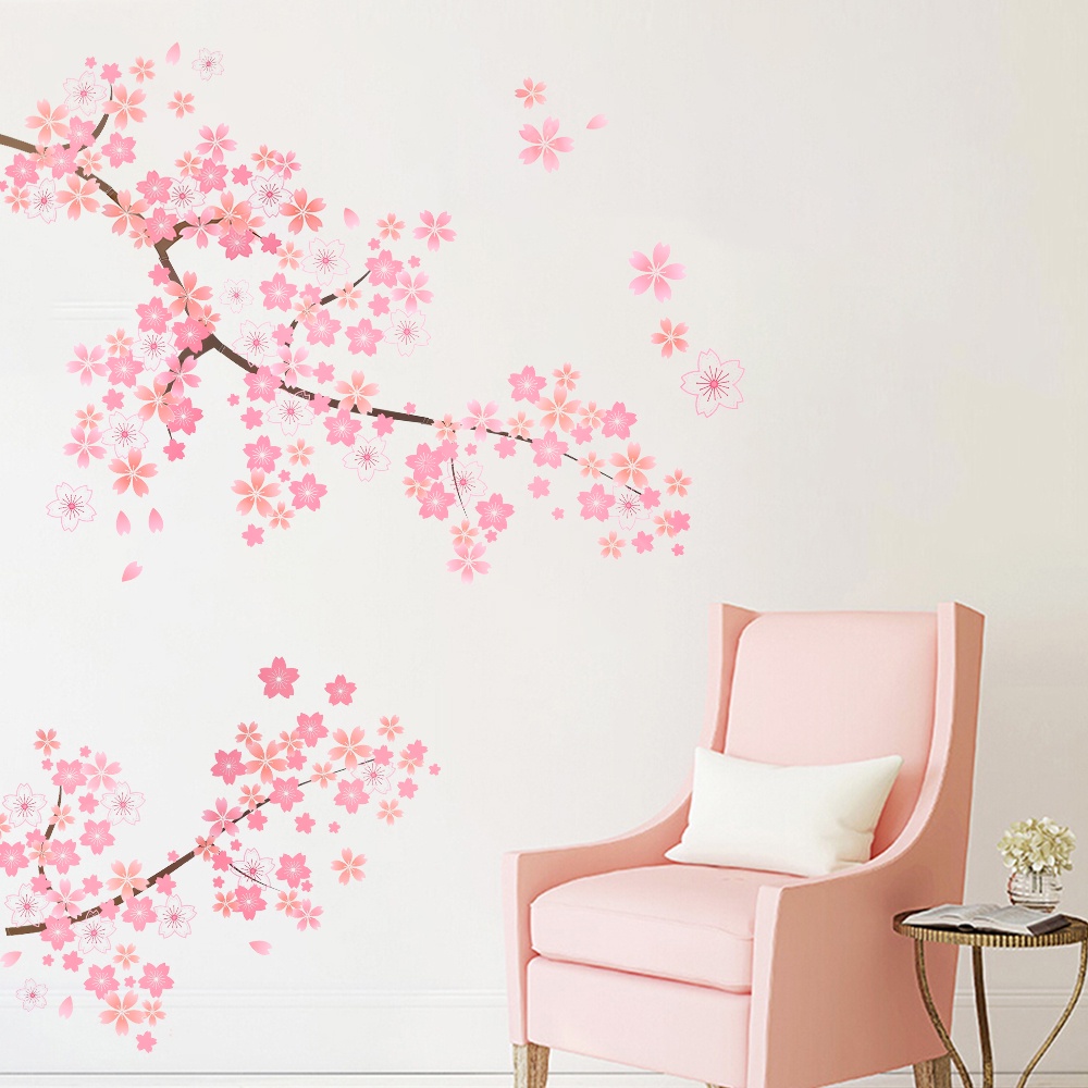 Set 2 Miếng Dán Tường Trang Trí Phòng Ngủ TV Bằng PVC Họa Tiết Cây Hoa Anh Đào Màu Hồng Lãng Mạn Diy
