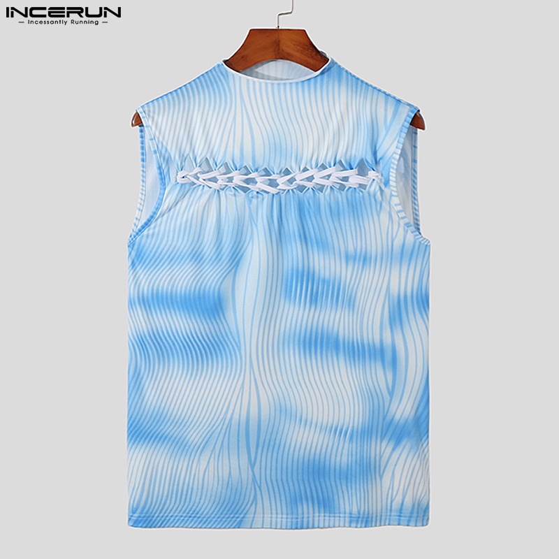 Áo ba lỗ INCERUN sát nách cột dây in họa tiết màu nhuộm loang thời trang cho nam