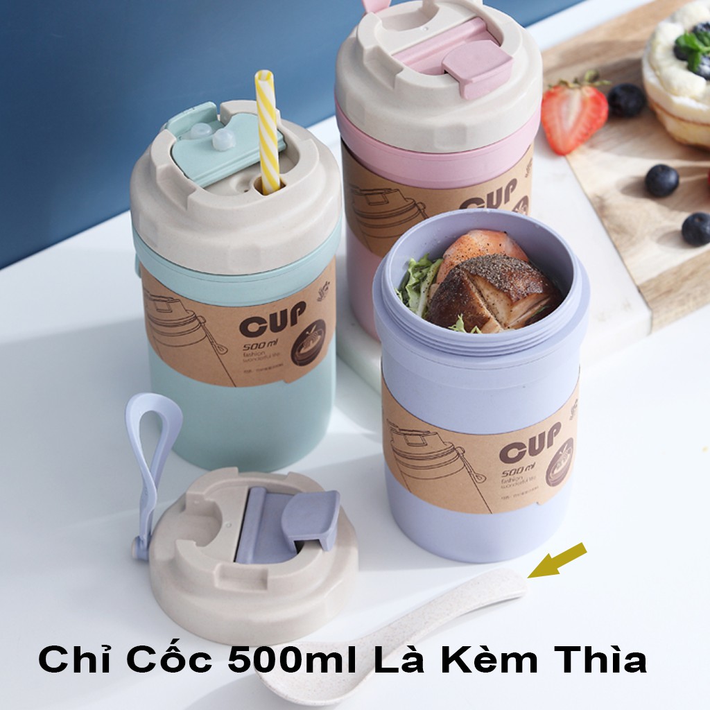 [GIÁ SỐC] Cốc Lúa Mạch Giữ Nhiệt Dung Tích 500ML Và 420ML Kèm Thìa Có Lỗ Hút Thân Thiện Môi Trường