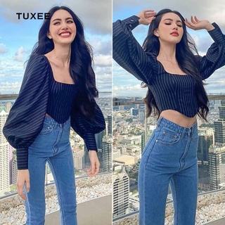 Áo croptop cổ vuông kẻ xanh đen tay phồng khoét eo form corser