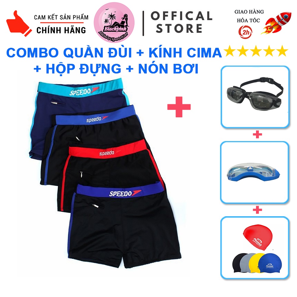 Combo quần bơi nam + nón bơi + kính bơi tráng gương kèm hộp đựng cao cấp mũ bơi