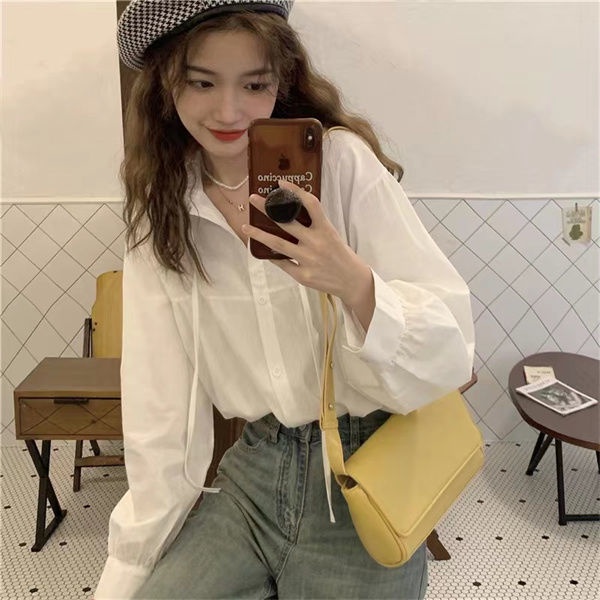 Áo Sơ Mi Tay Dài Dáng Rộng Màu Trơn Cột Dây Phong Cách Pháp Thời Trang Mới Cho Nữ