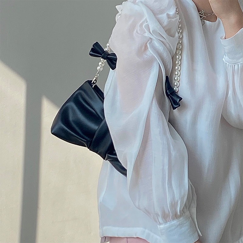 Túi Xách Đeo Vai Một Bên Vai Cầm Tay Đính Nơ Ngọc Trai Nhỏ Tươi Mới Phong Cách Hàn Quốc Cho Nữ 2022