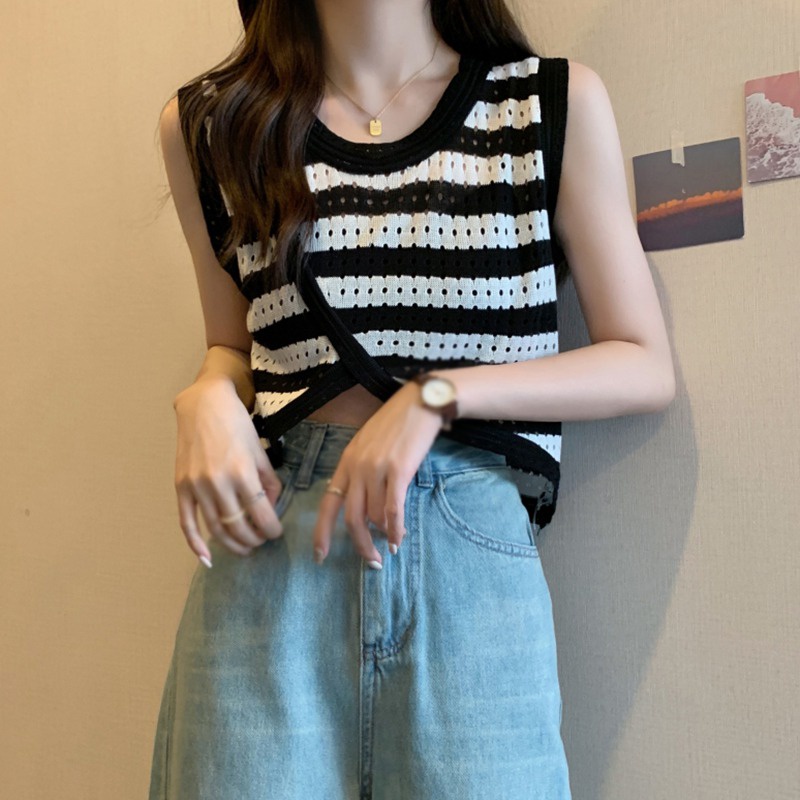 Áo Dệt Kim Sát Nách Kẻ Sọc Thoáng Khí Phong Cách Hàn Quốc