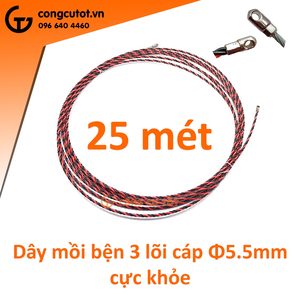 Dây mồi bện 3 lõi cáp Ø5.5mm cực khỏe vằn đỏ đen dài 25m