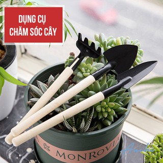 Bộ dụng cụ làm vườn, dụng cụ trồng cây mini 3 món tiện dụng cán gỗ