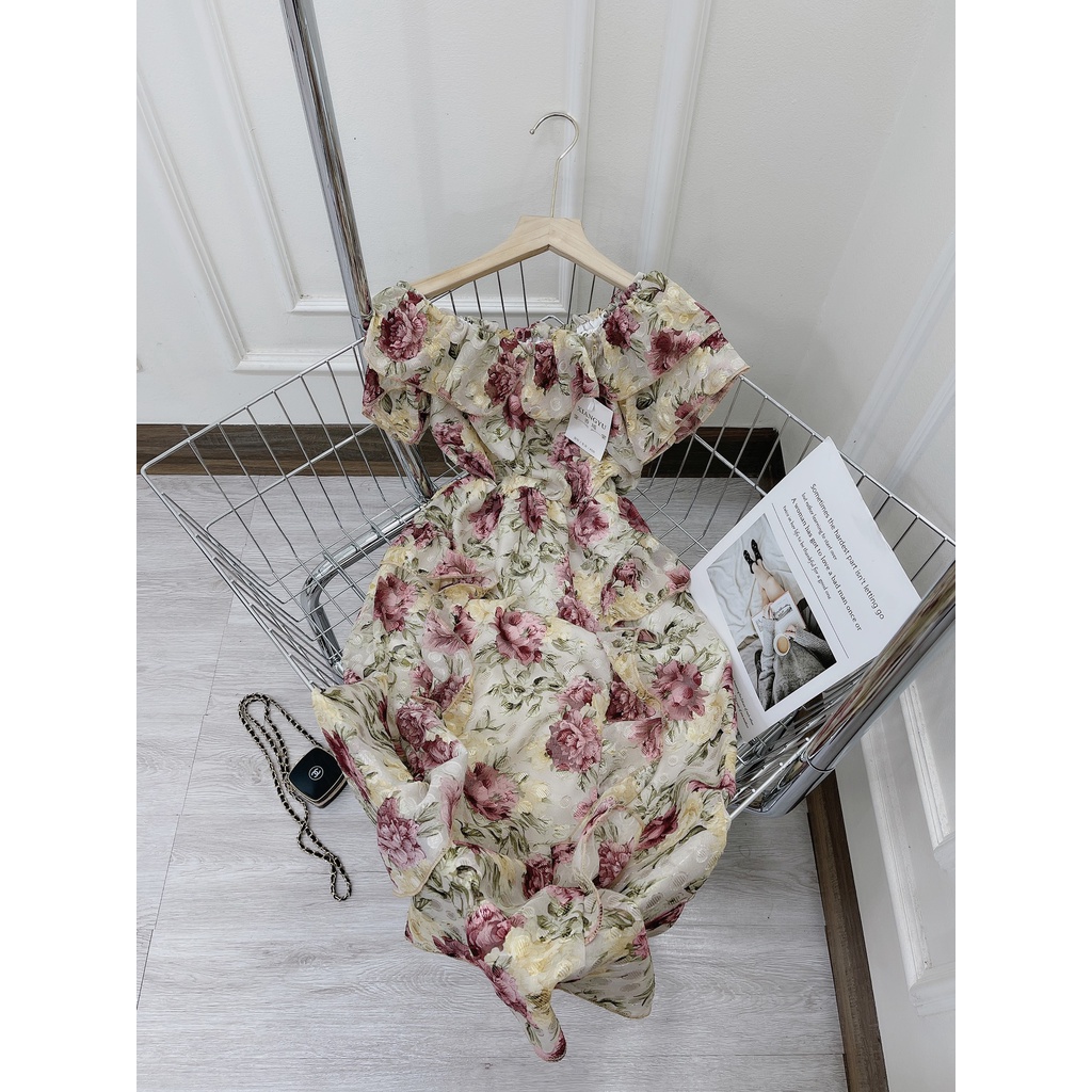 Váy xòe hoa gấm lụa mặc 2 kiểu đầm trễ vai nữ đi chơi cao cấp DN617-7