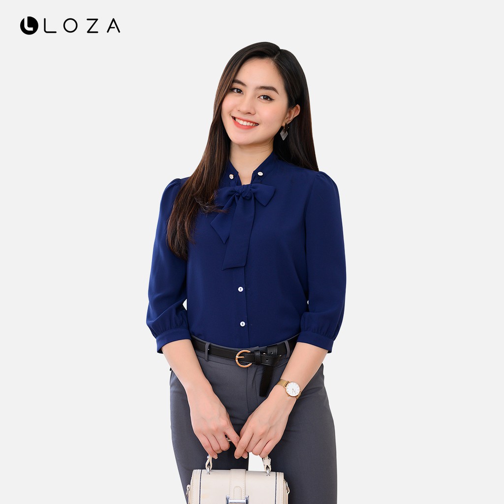 [Mã FASHIONMALLT4 giảm 15% đơn 150k] Áo sơ mi nữ phối cổ nơ tay lửng-LOZA LS01106