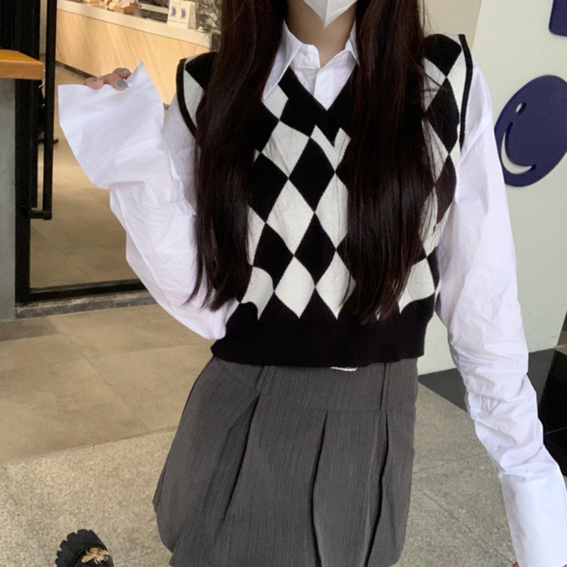 V-neck check vest female Korean version was thin short sleeveless versatile pullover vest | BigBuy360 - bigbuy360.vn