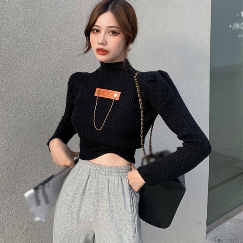 Áo Croptop Dệt Kim Tay Dài Thiết Kế Cổ Lọ Thanh Lịch