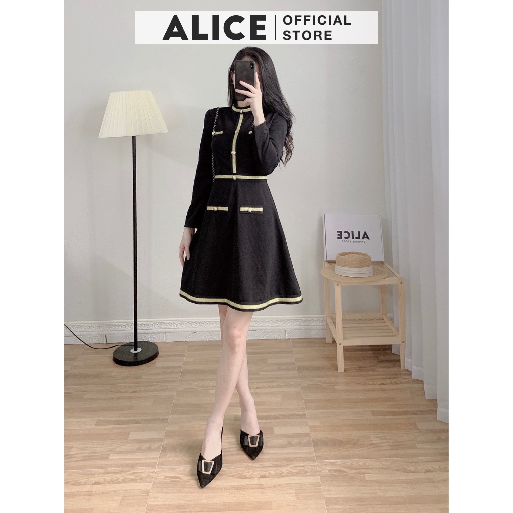 Váy Tiểu Thư Dáng Xòe ALICE V721, Thiết Kế Bo Eo Tôn Dáng Phối Dây Viền Nhũ Vàng Thanh Lịch | BigBuy360 - bigbuy360.vn