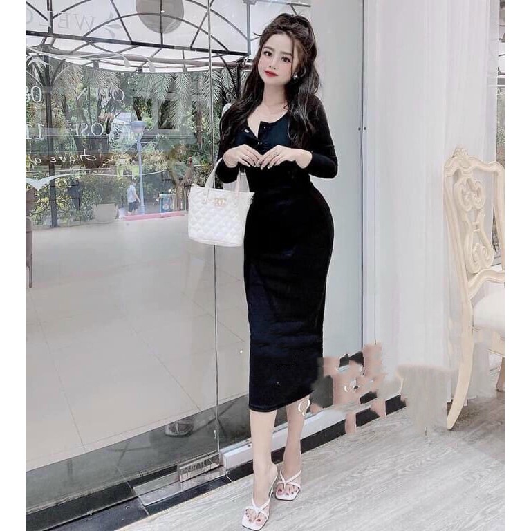 Đầm nữ ❄ FREESHIP ❄ Đầm body tay dài cổ vuông cúc bấm thời trang XIXO - DAM0039