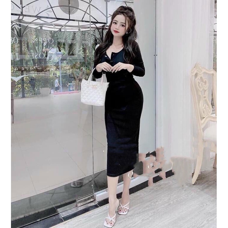 Váy body 💕 FREESHIP 💕 Đầm dự tiệc tay dài cổ vuông cúc bấm thời trang xixo DAM0039 | BigBuy360 - bigbuy360.vn