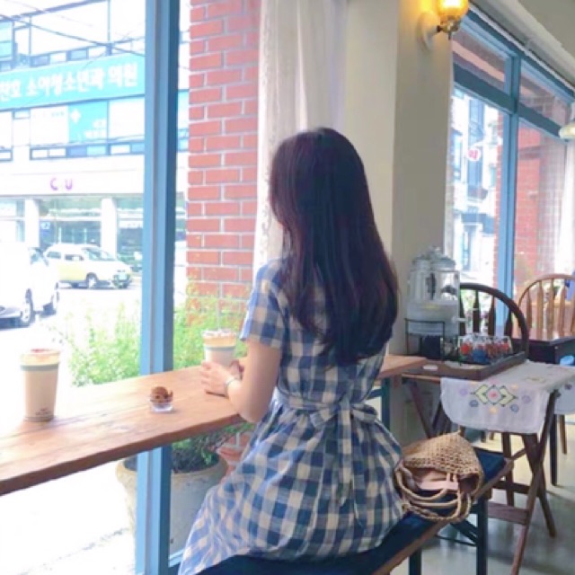 Đầm caro xanh form dài