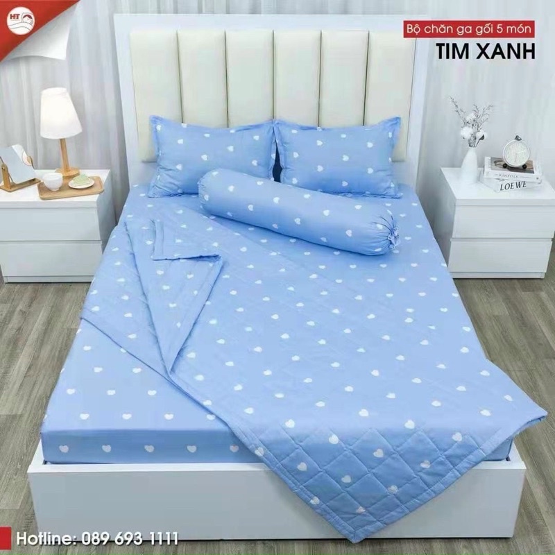 Bộ 5 món chăn hè Cotton Poly gồm 1 ga ,2 vỏ gối đầu , 1 vỏ gối ,1 chăn hè Trần bông