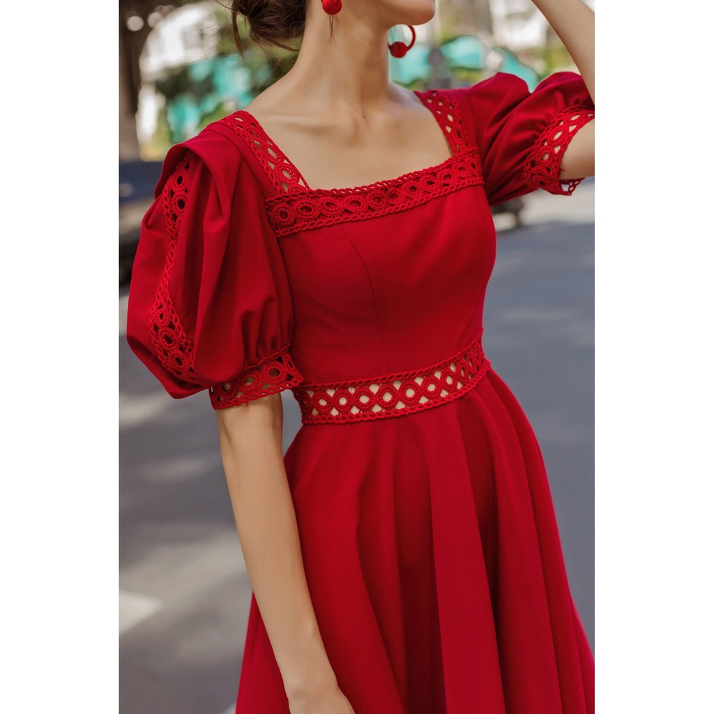 [Mã SKAMSALEP6 giảm 10% tối đa 100K đơn 150K] SÒ VINTAGE - PHOENIX Đầm tay phồng cổ vuông phối ren | BigBuy360 - bigbuy360.vn