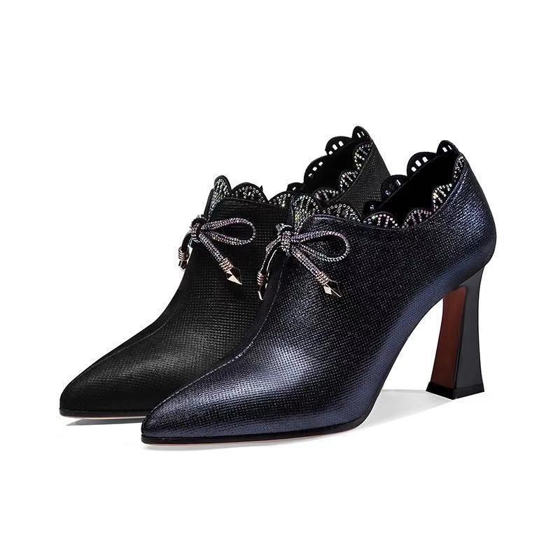 ∋2021 autumn and winter new leather deep-mouthed high-heeled shoes, women s fashion bowknot rhinestone all-match thick-heeled shoes