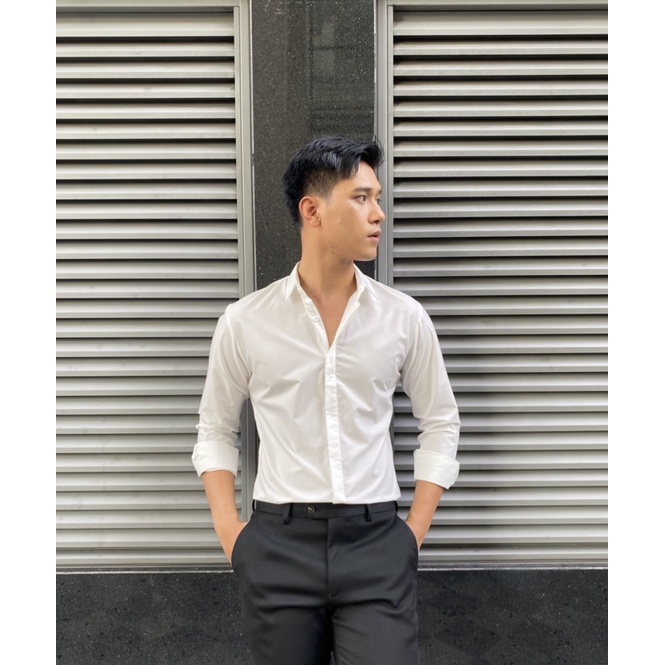 Áo sơ mi trắng dấu khuy hàng cao cấp, ôm dáng form slimfitbody chuẩn soái ca
