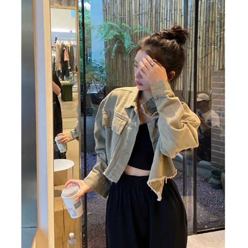 ÁO CROPTOP BÒ DÁNG LỬNG VIỀN RÁCH MÀU CAFE NHẠT ĐẢM BẢO ĐẸP Y HÌNH