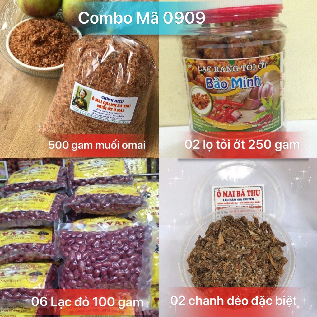 Combo Mã 0909 gồm 01 gói Muối omai 500 gam, 02 Lọ tỏi ớt 250 gam, 06 gói lạc đò 100 gam, 02 omai chanh dẻo đặc biệt