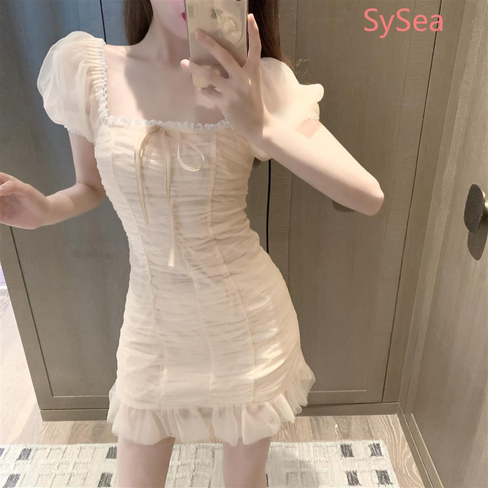 Đầm tay phồng xếp ly phối dây rút thời trang mùa hè cho nữ